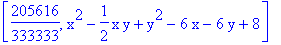 [205616/333333, x^2-1/2*x*y+y^2-6*x-6*y+8]